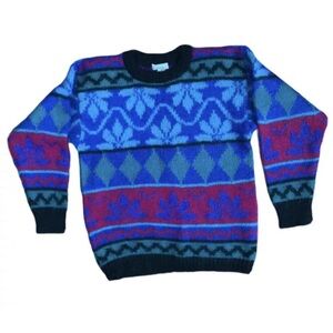 80s 90's Y2K Sweater Mohair Gallagher Nordic Style Jewel Tones Crew Neck M